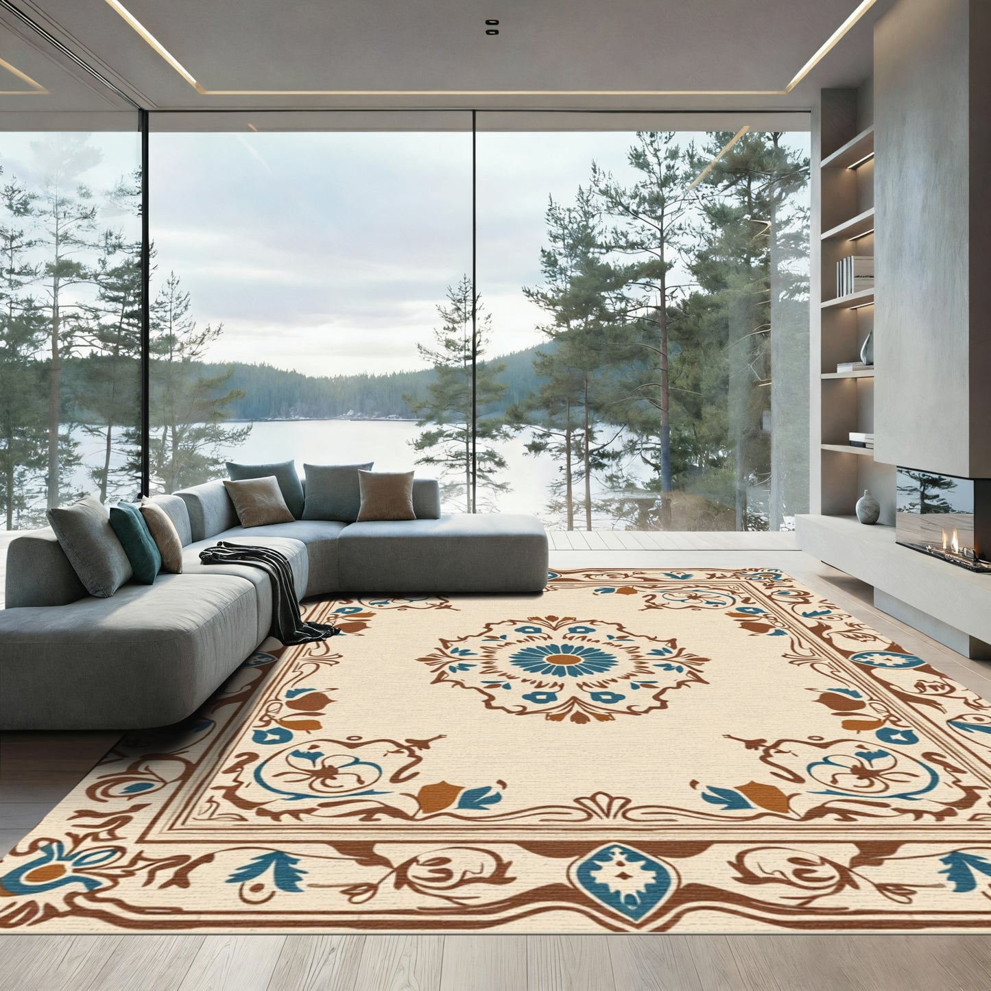 Tan Blue Brown Floral Medallion Border Rug