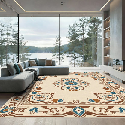 Tan Blue Brown Floral Medallion Border Rug