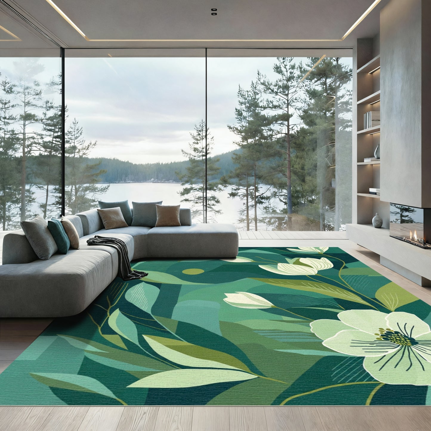 Abstract Emerald Floral Botanical Landscape Rug