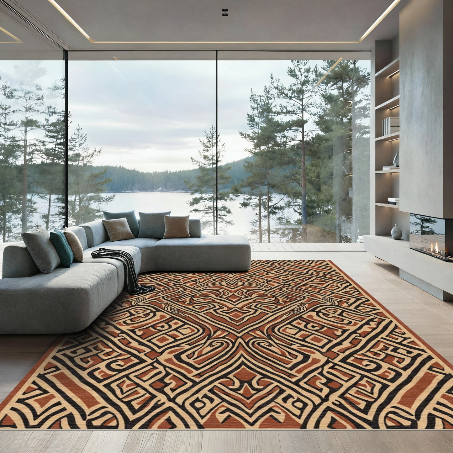 Brown Black Geometric Maze Composition Rug