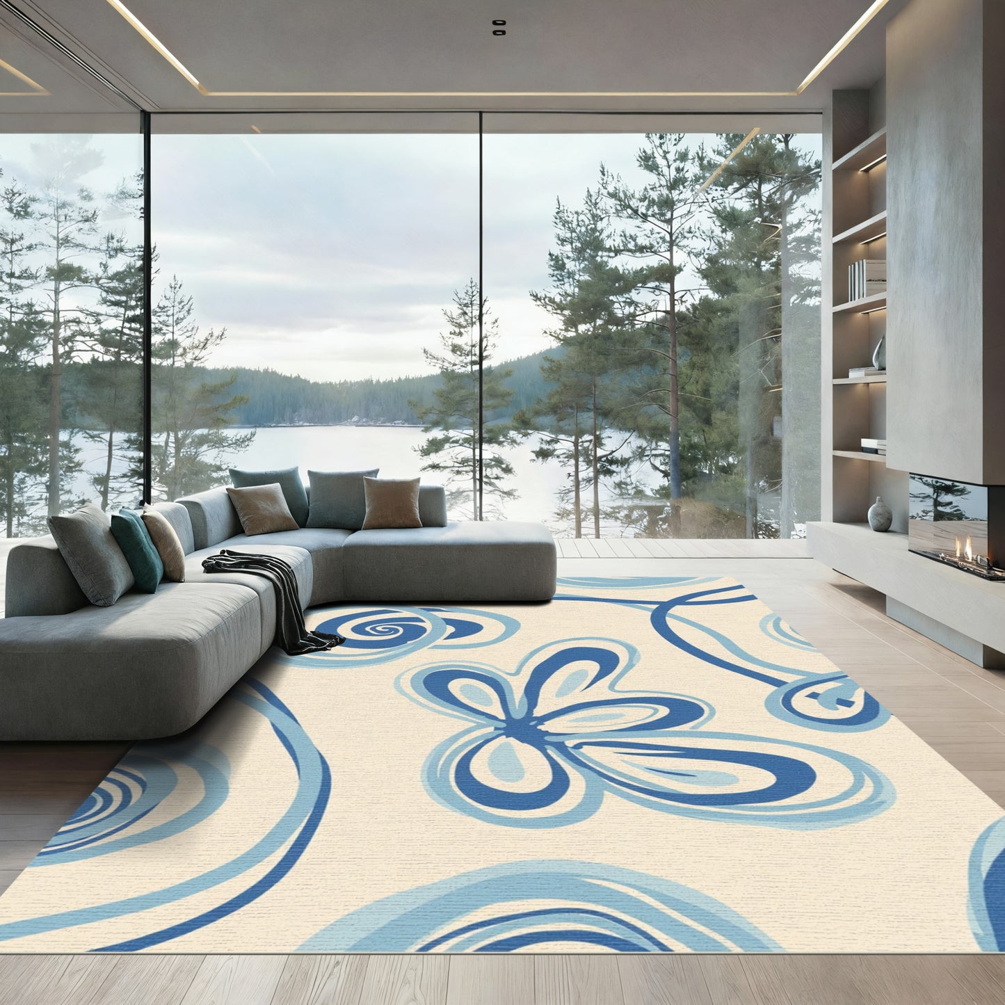 Abstract Swirl Blue Butterfly Rug