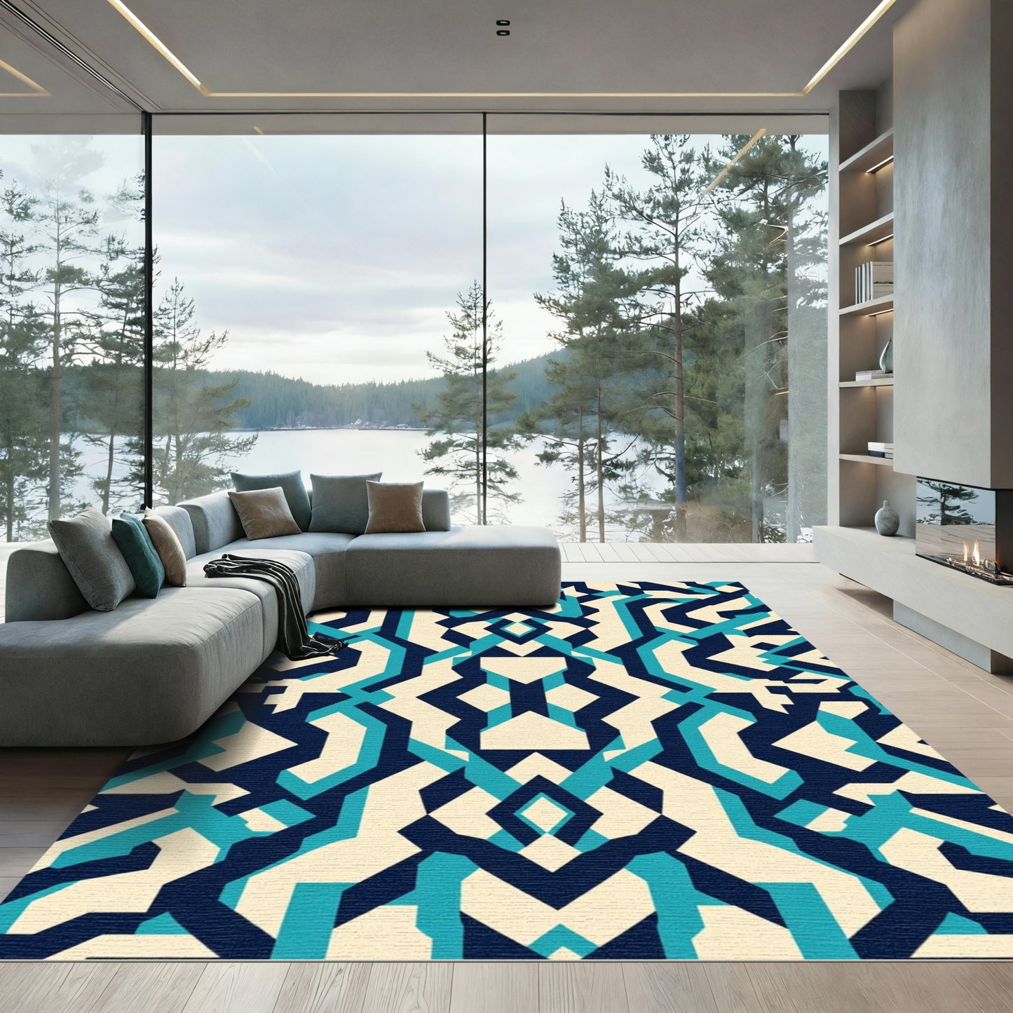 Deep Blue Teal Geometric Interlocking Shapes Rug