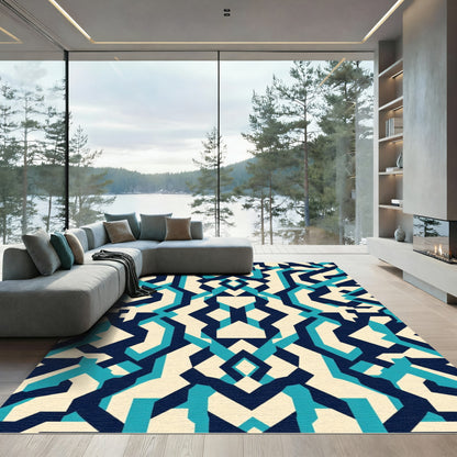Deep Blue Teal Geometric Interlocking Shapes Rug