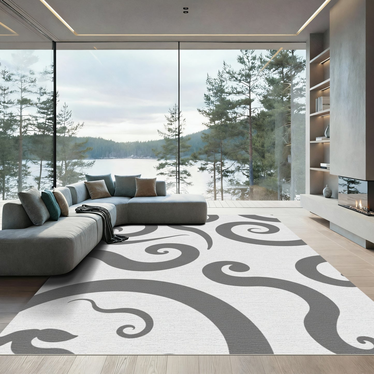 Modern Gray Swirl Curlicue Rug