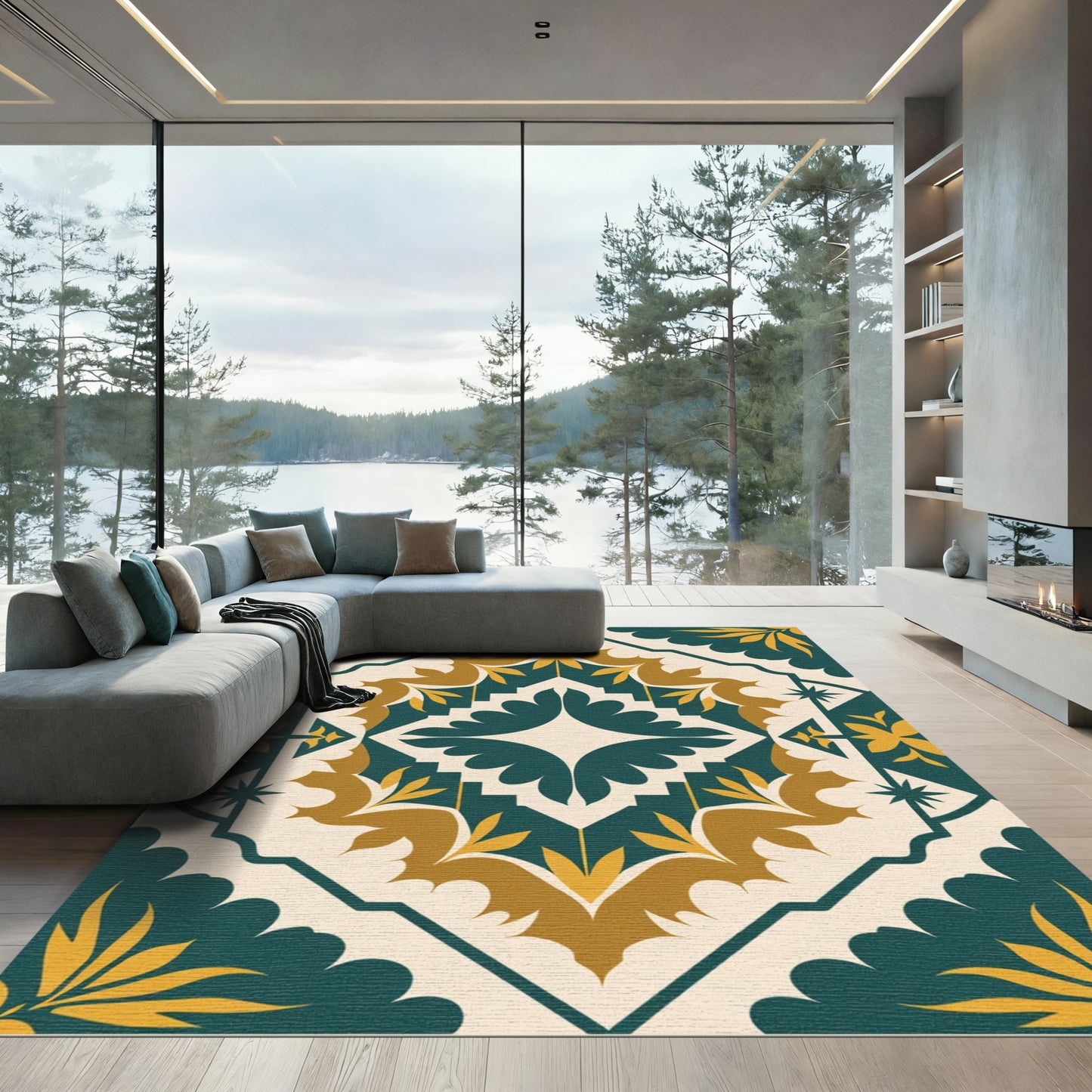 Deep Teal Gold Floral Medallion Rug