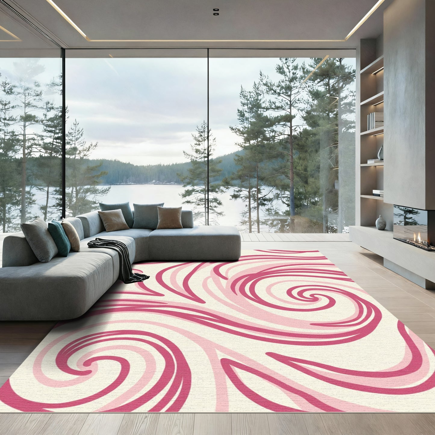 Crimson Rose Swirls Abstract Rug
