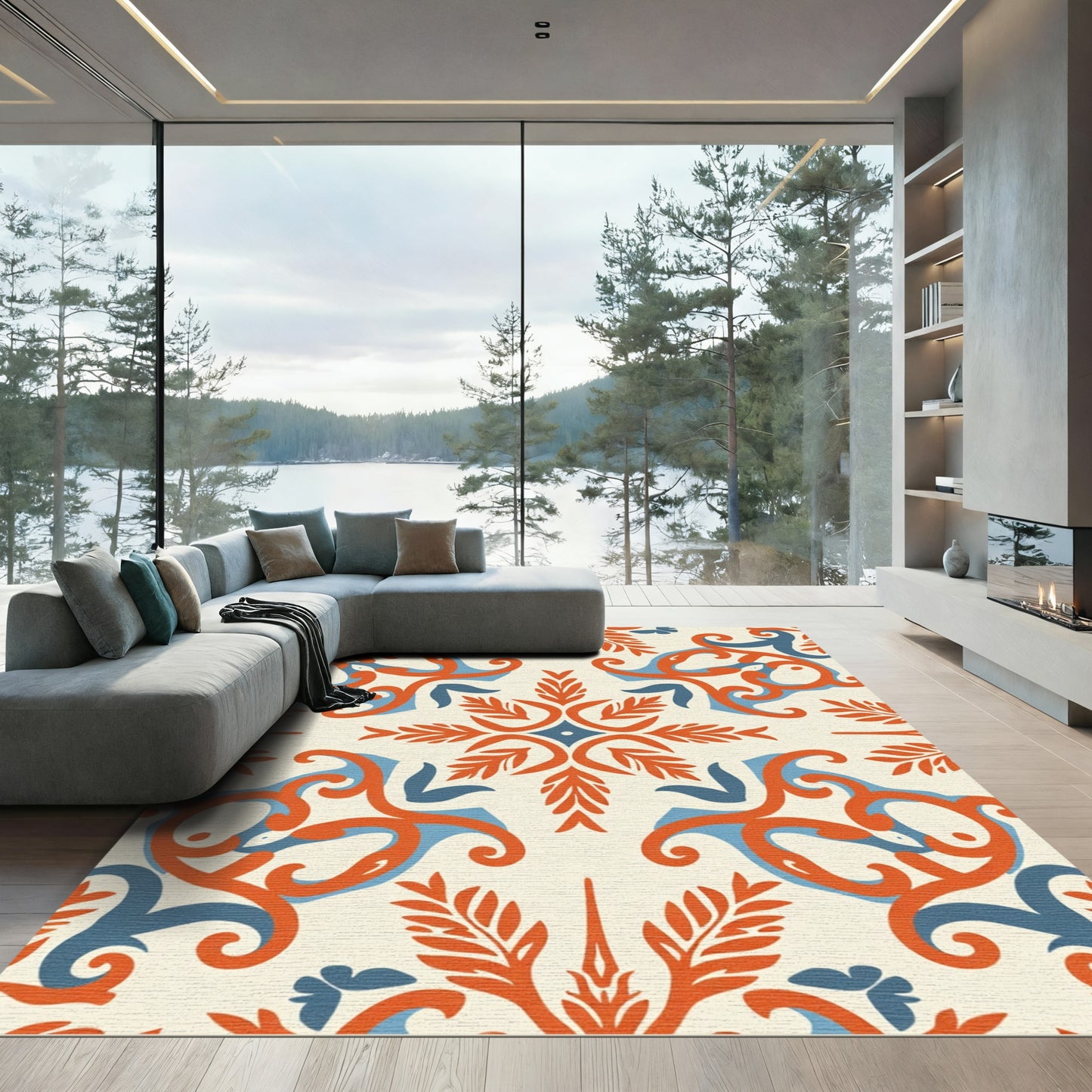 Cream Orange Blue Scroll Medallion Rug