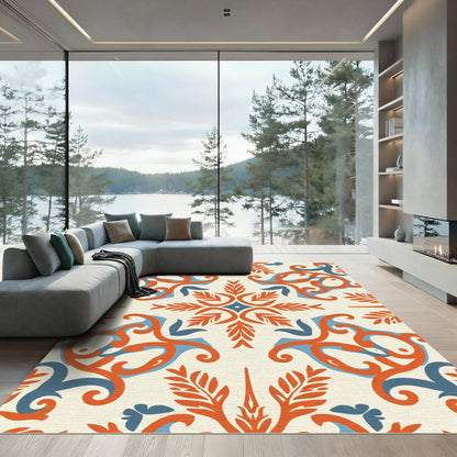Cream Orange Blue Scroll Medallion Rug