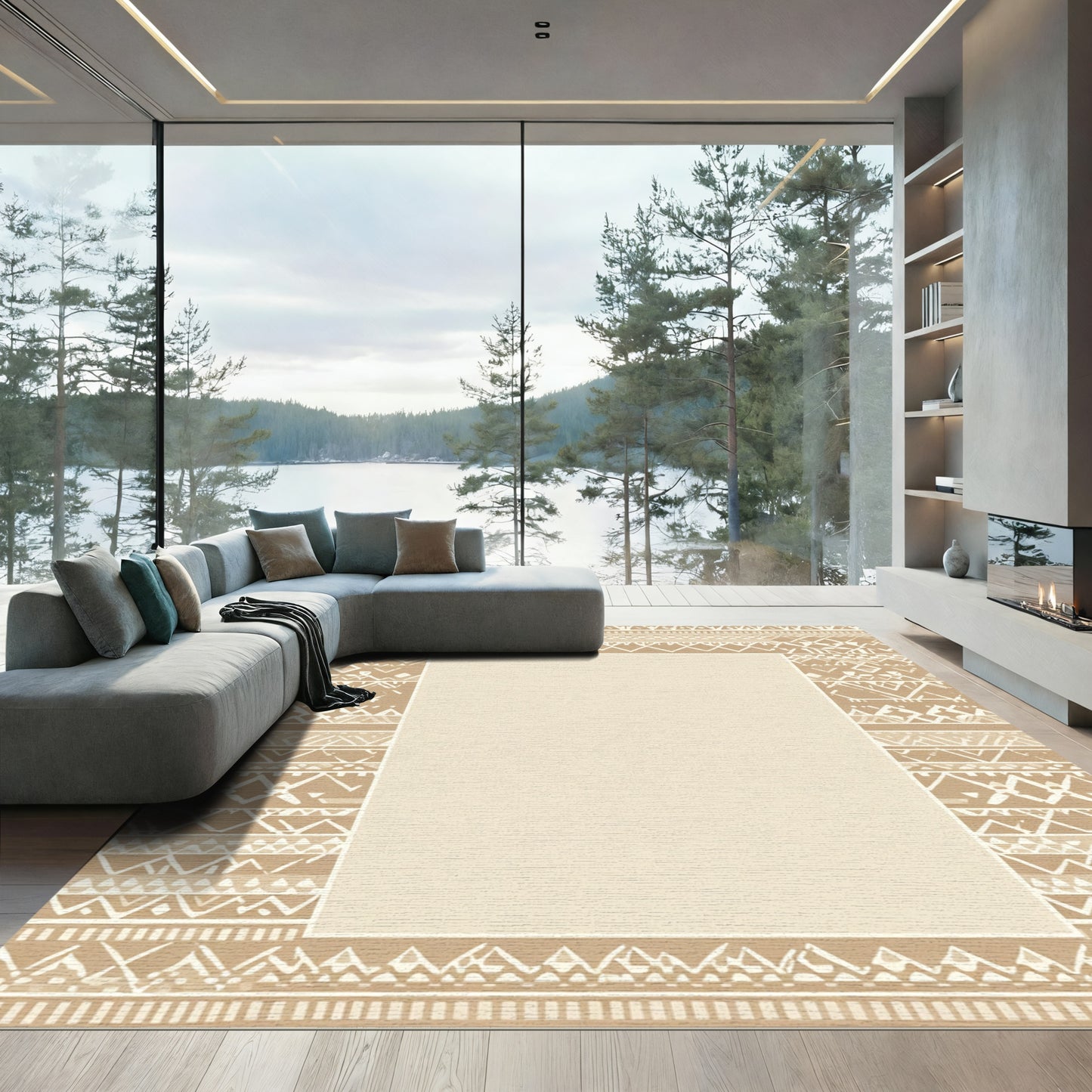 Neutral Earthy Tone Tribal Border Rug