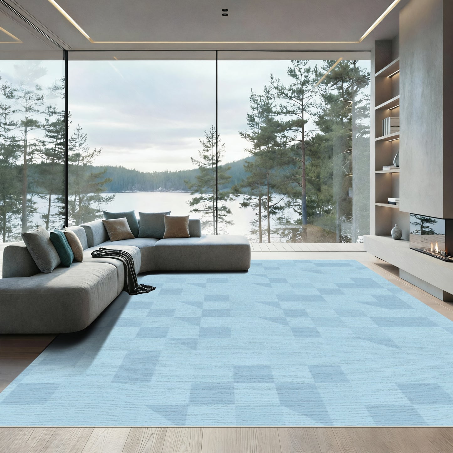 Pale Blue Geometric Tile Rug