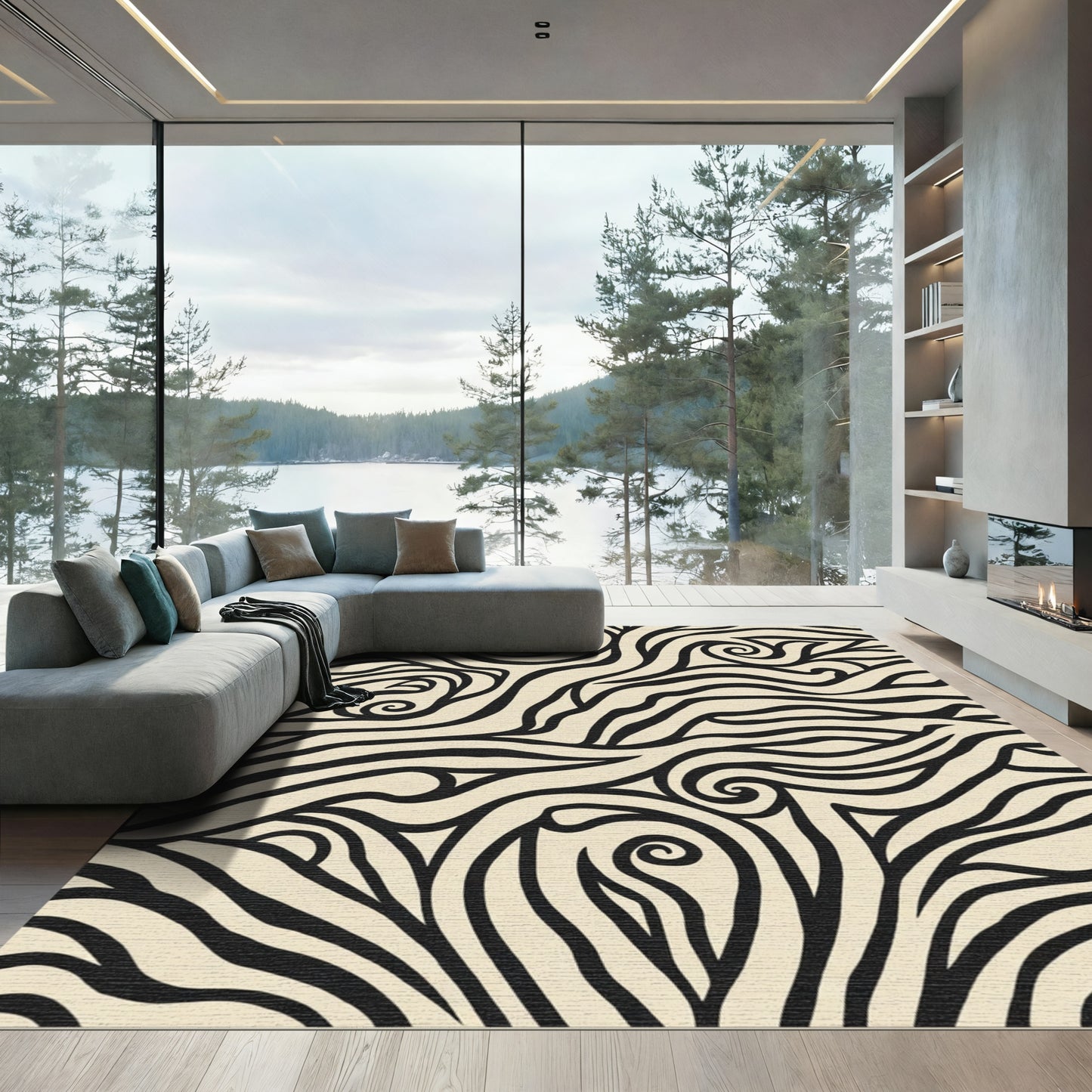 Bold Black Swirl Ivory Abstract Rug