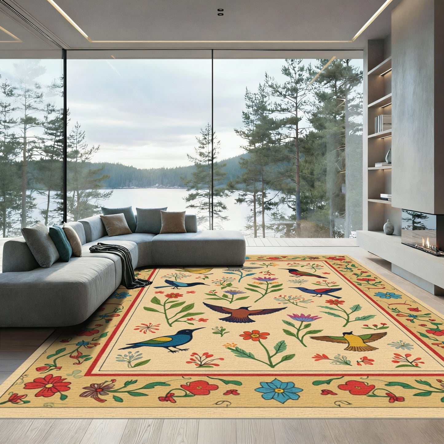 Whimsical Folk Art Birds Floral Border Rug