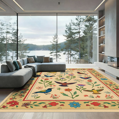 Whimsical Folk Art Birds Floral Border Rug