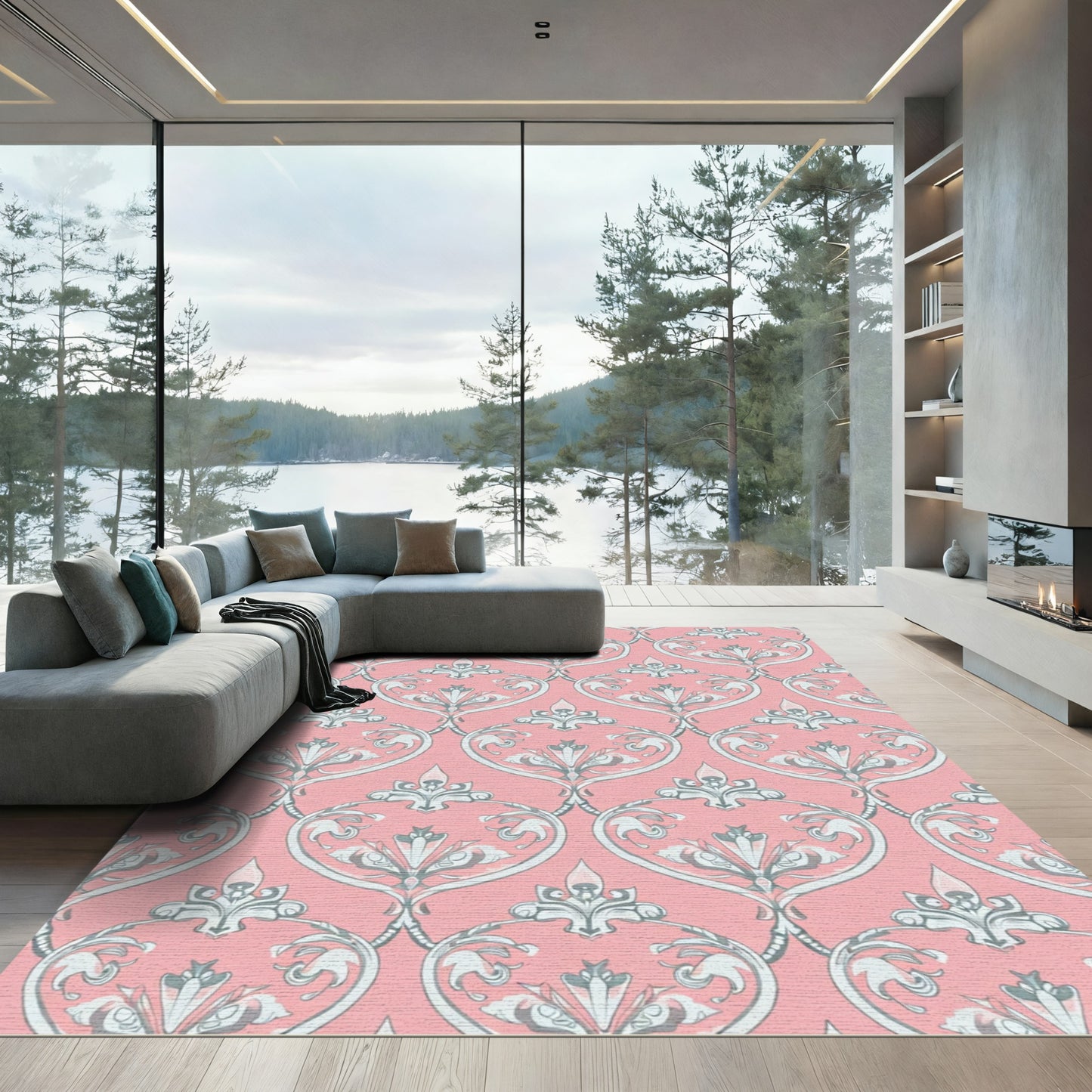Pink Gray Ornate Damask Vines Rug