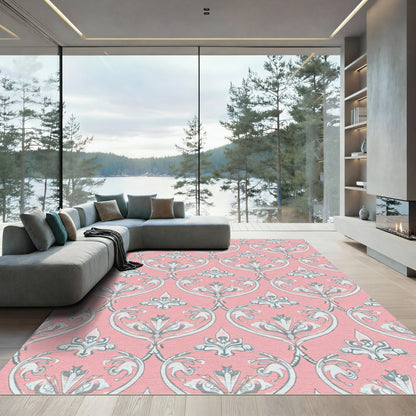 Pink Gray Ornate Damask Vines Rug