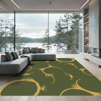 Golden Organic Swirls on Olive Background Rug