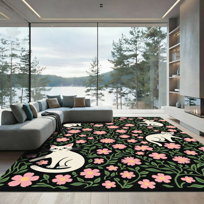 Pink Floral Garden Cats Rug