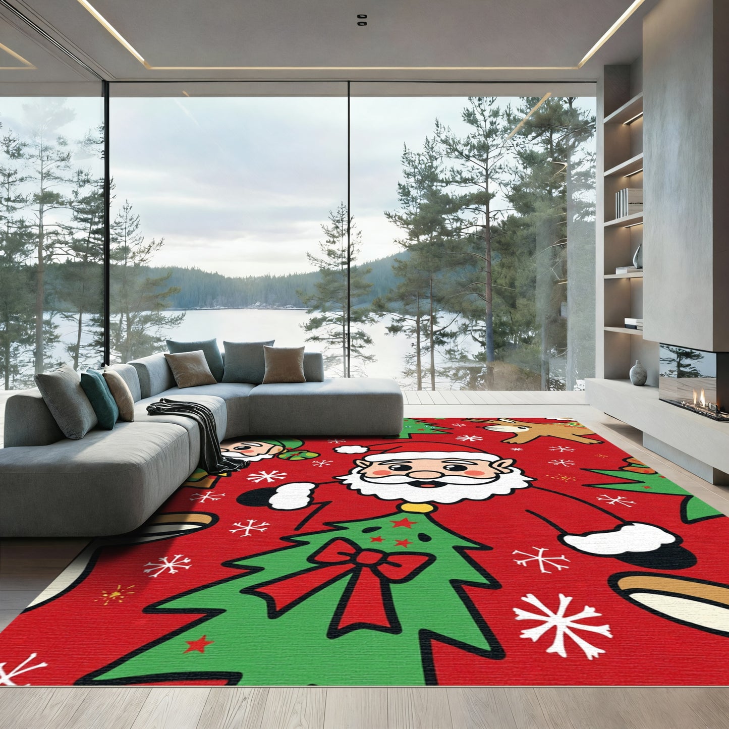 Whimsical Christmas Characters Red Scene Rug
