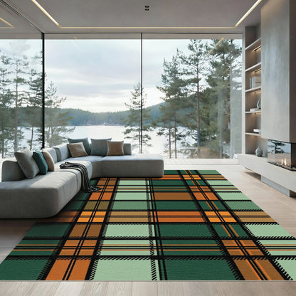 Forest Green Orange Plaid Checkered Rug