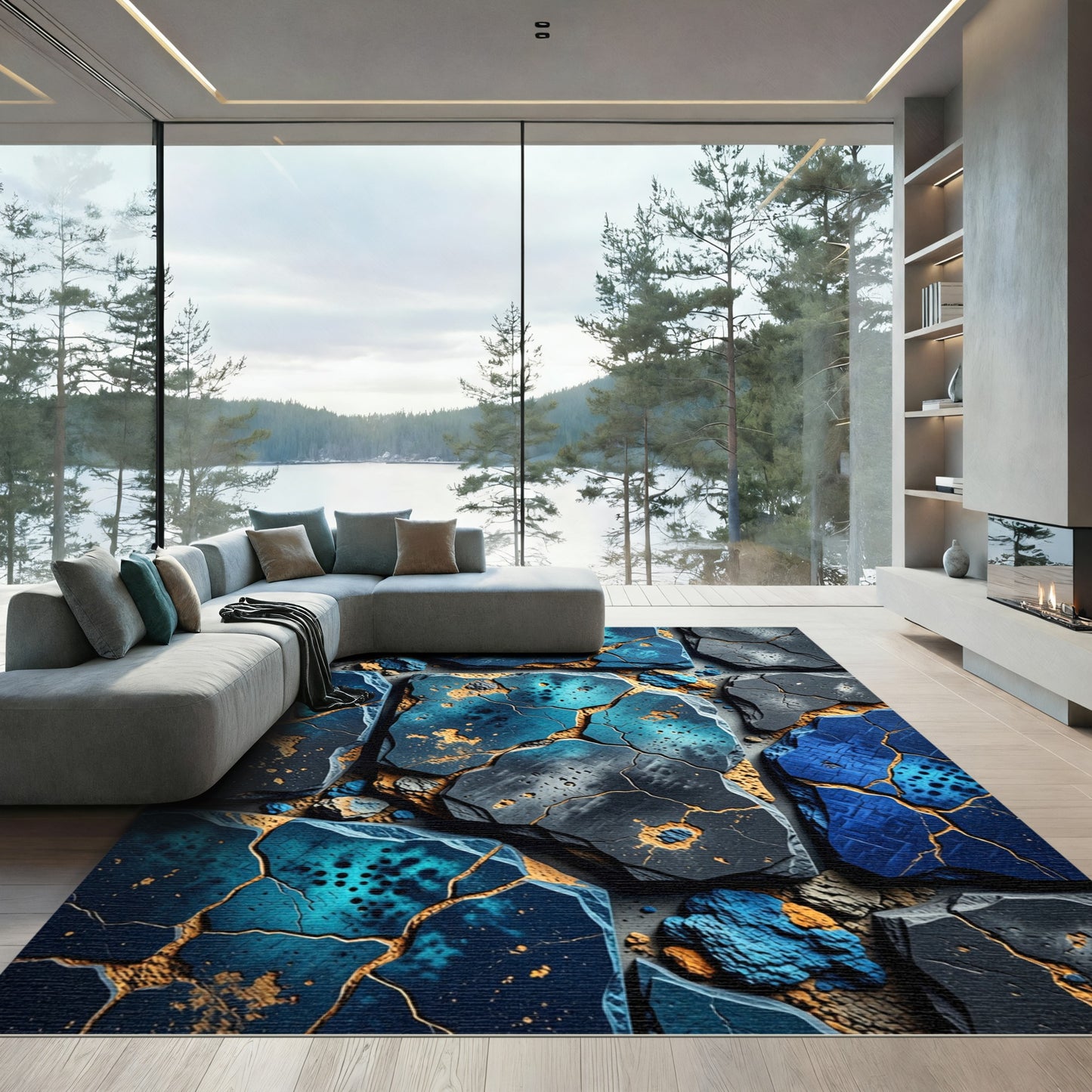Cracked Blue Teal Stone Arrangement Rug