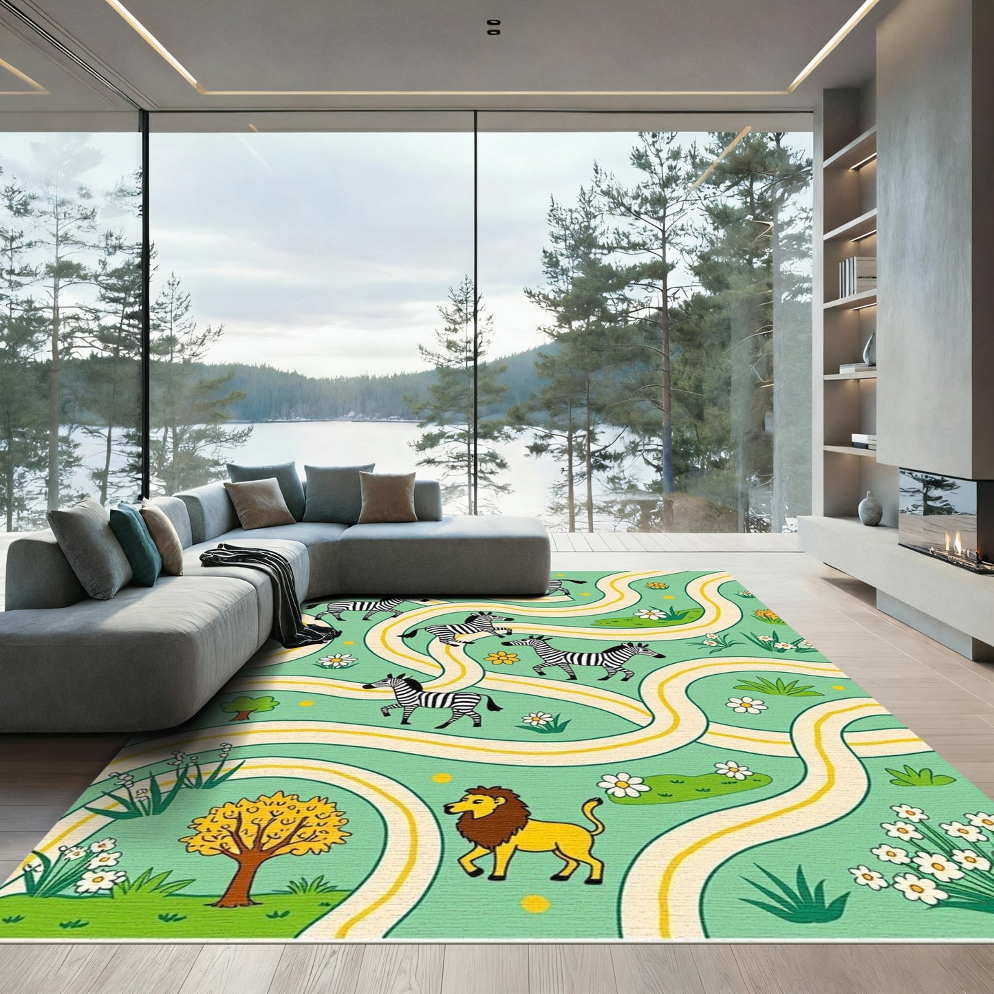 Whimsical Zebra Lion Green Landscape Rug