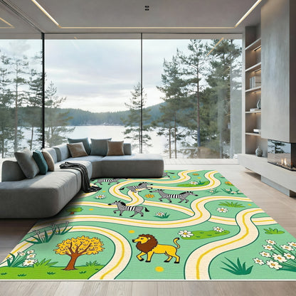 Whimsical Zebra Lion Green Landscape Rug