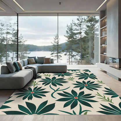 Dark Green Floral Compositions on Cream Rug