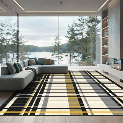 Modern Ecru Black Yellow Stripe Rug