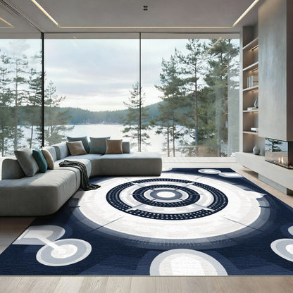Navy Blue Geometric Concentric Circles Rug
