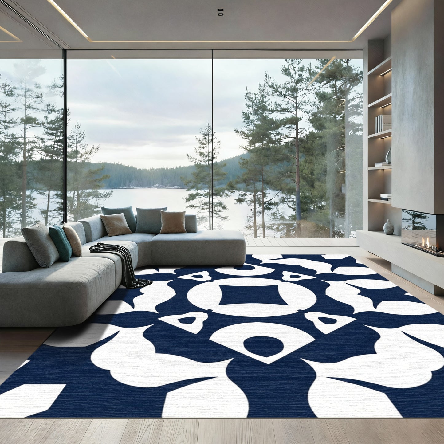 Navy White Symmetric Geometric Medallion Rug