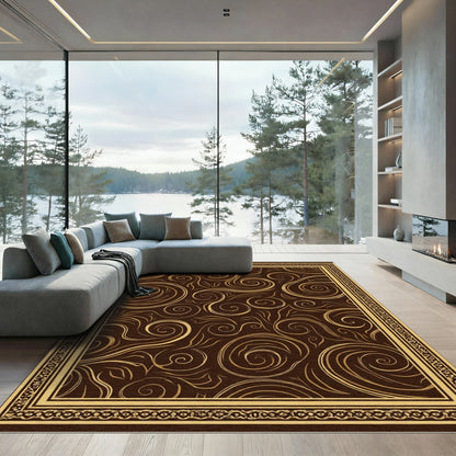 Rich Brown Gold Swirl Border Design Rug