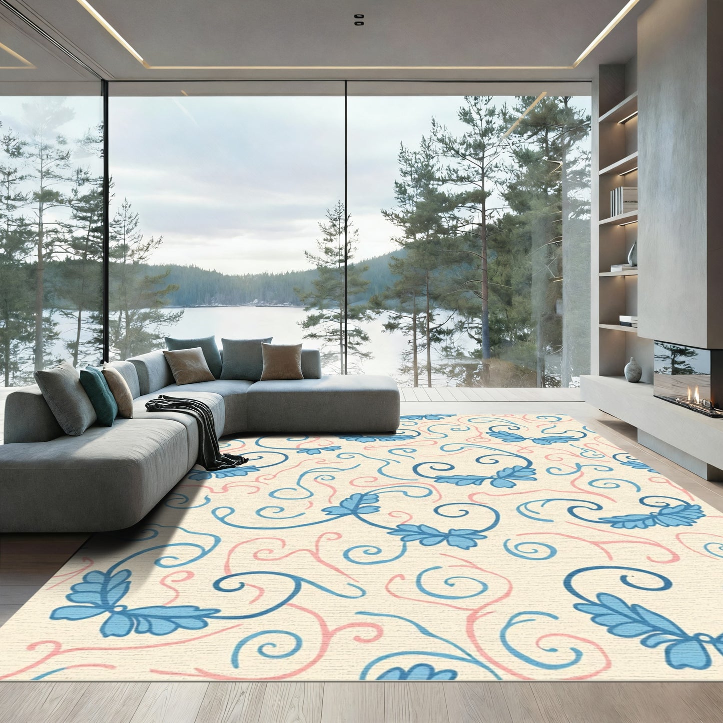 Light Cream Blue Pink Swirling Vines Rug