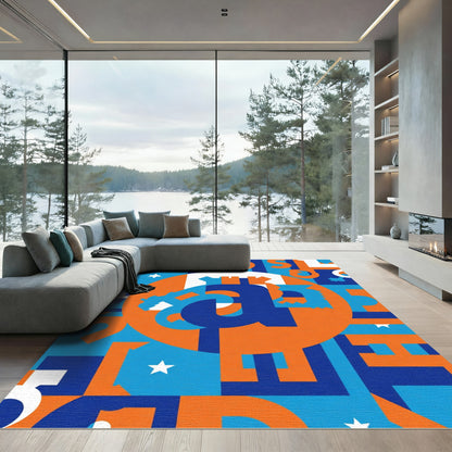 Modern Blue Orange Abstract Geometric Rug