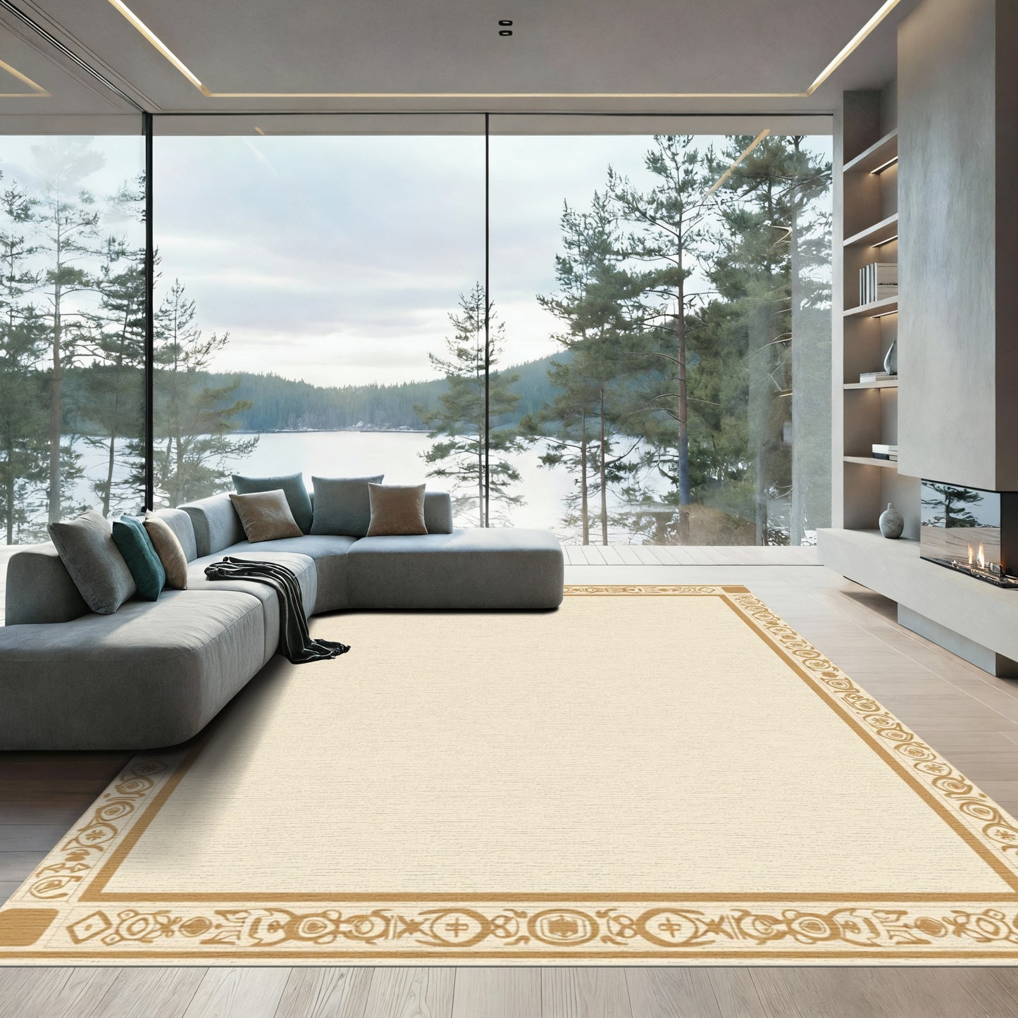 Golden Ochre Geometric Border Rug