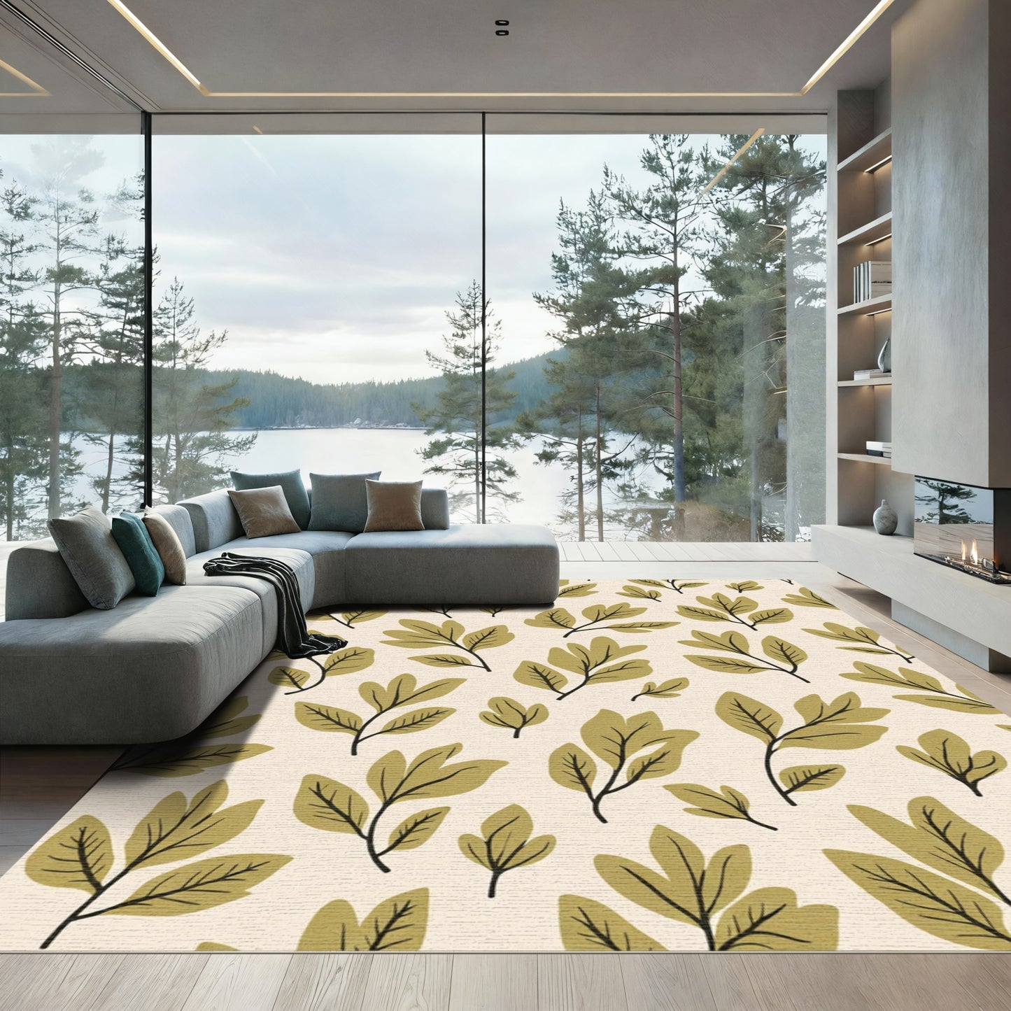 Olive Green Botanical Branch Arrangement Rug