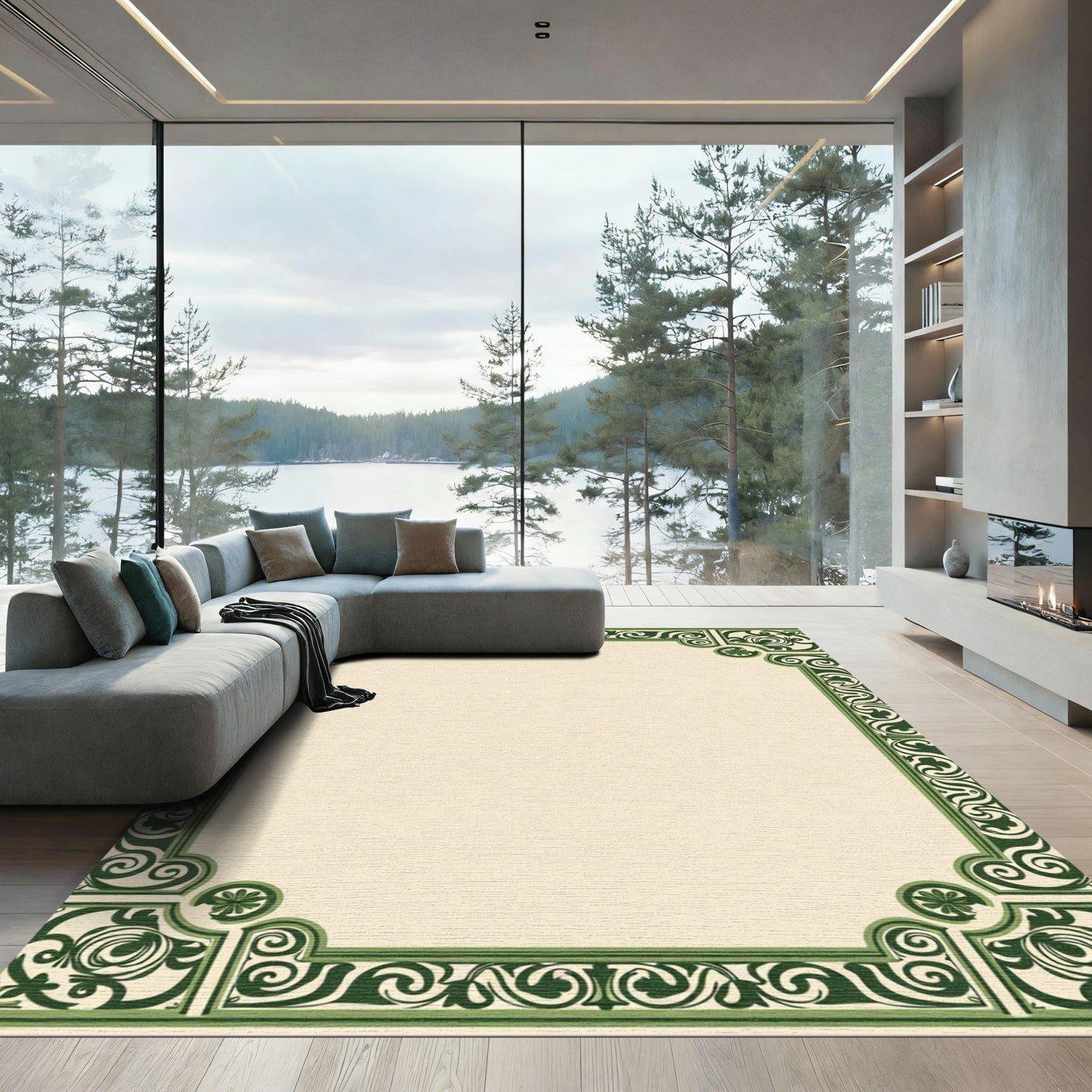 Verdant Flourish Scrollwork Border Rug