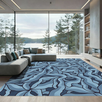 Deep Blue Wavy Organic Flow Rug