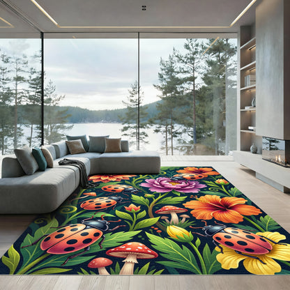 Whimsical Ladybug Floral Garden Rug