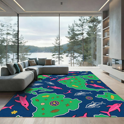 Pink Blue Dolphins Ocean Islands Rug