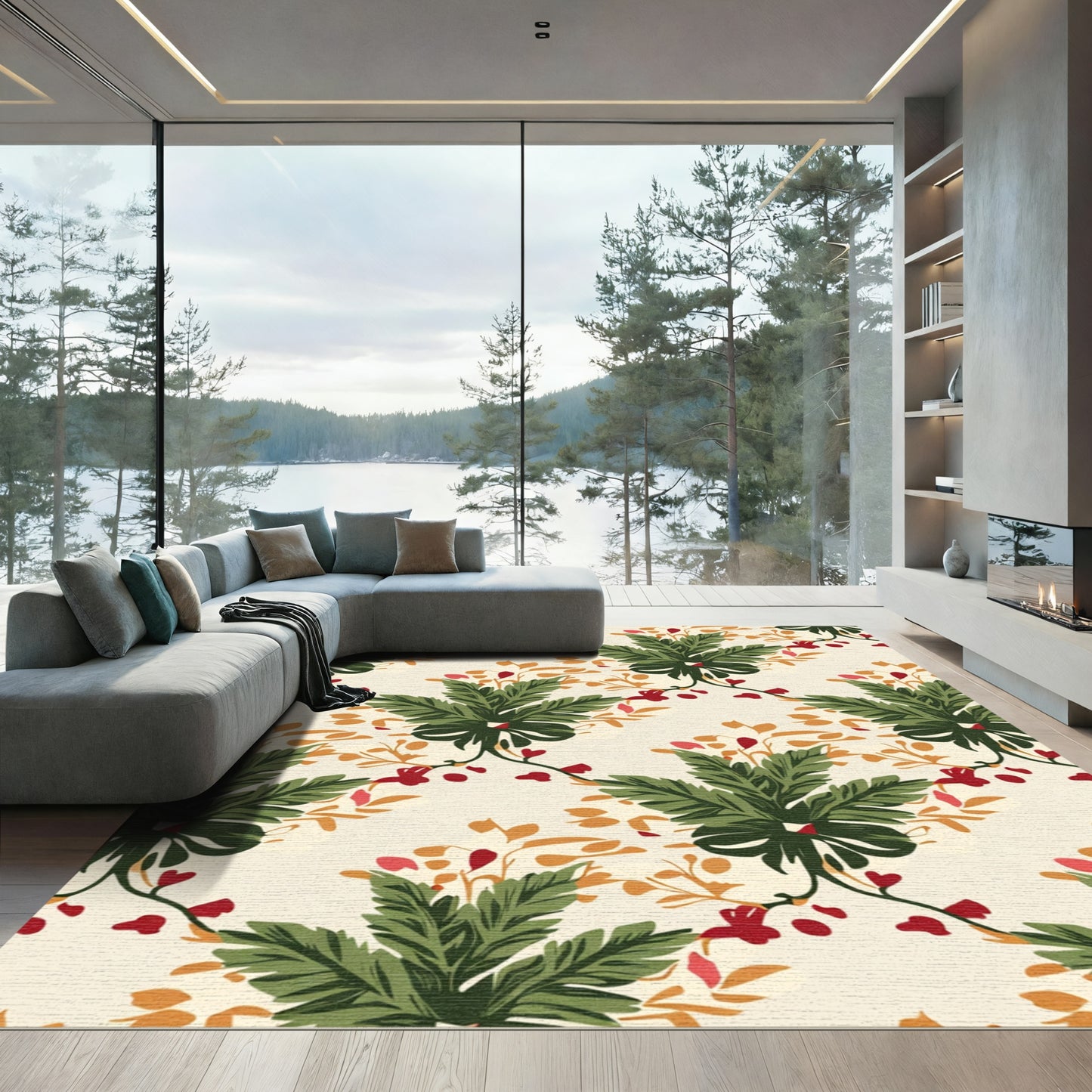 Bold Green Leafy Floral Arrangement Rug