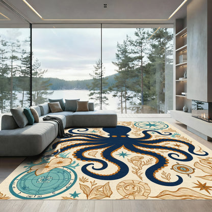 Navy Octopus Nautical Compass Illustration Rug