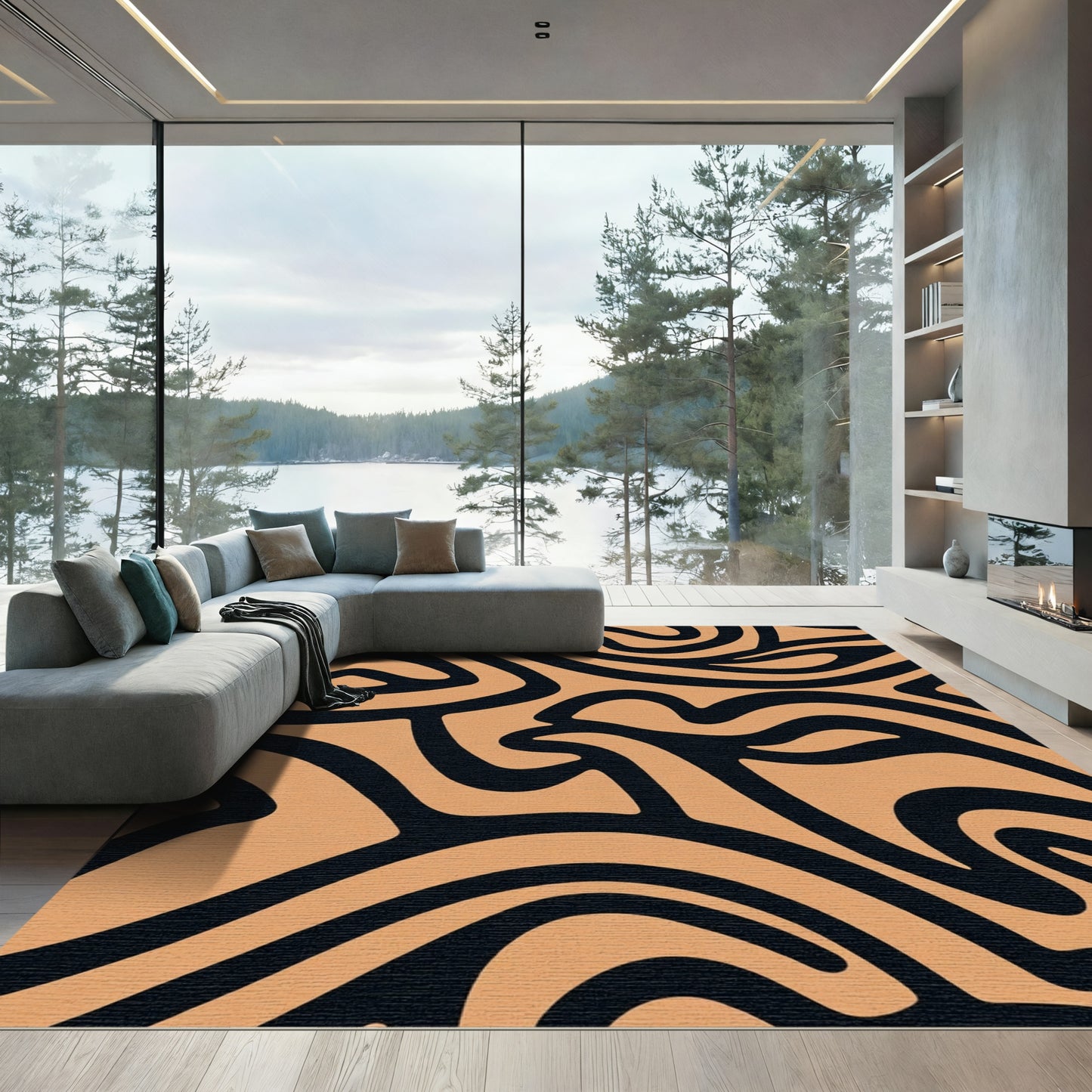 Bold Black Swirls Peach Texture Rug