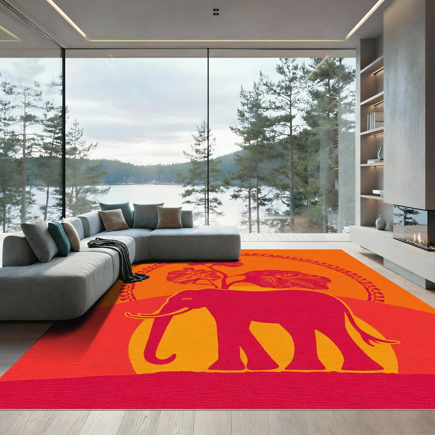 Crimson Elephant Sun Tree Garland Rug