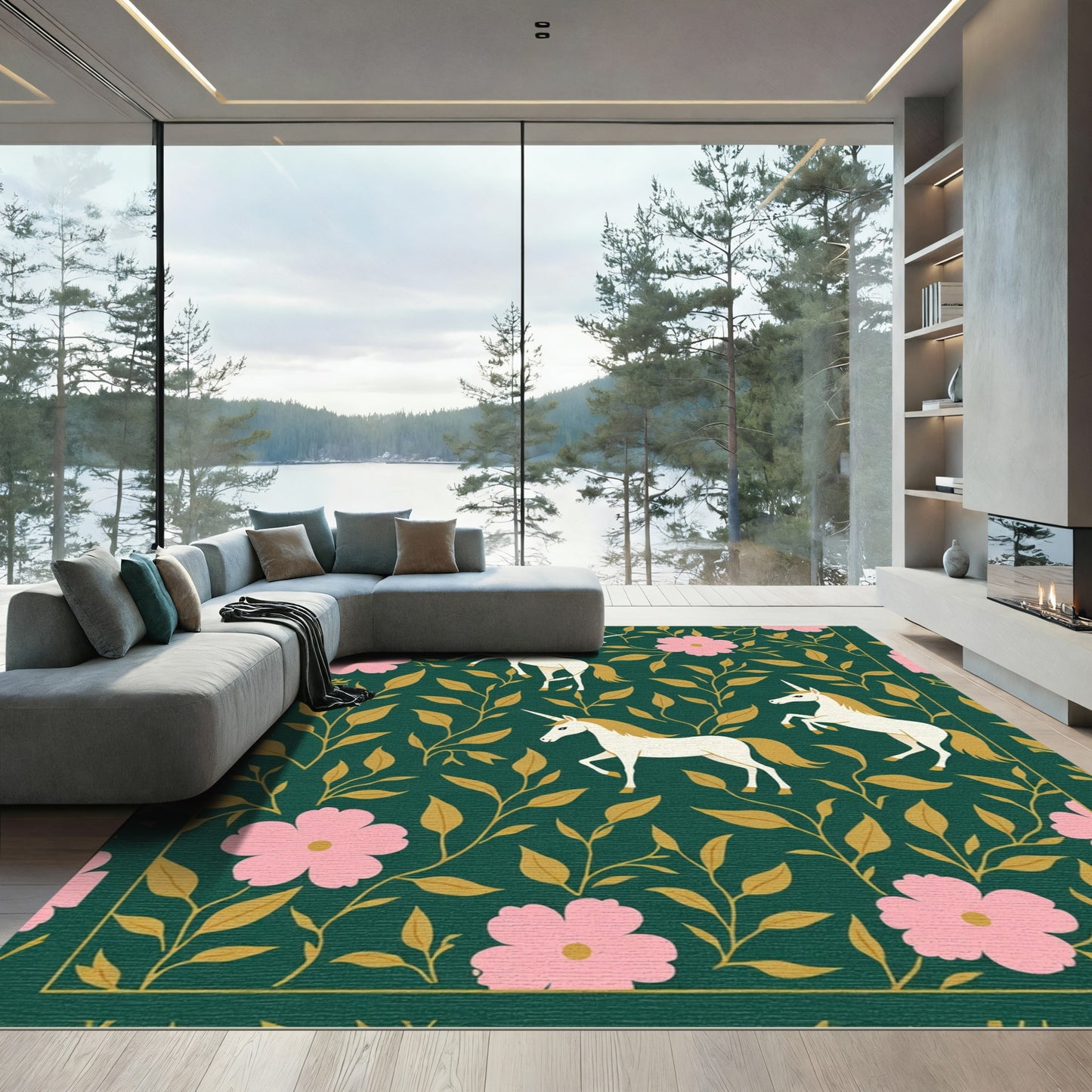 Enchanted Emerald Garden Unicorn Bloom Rug
