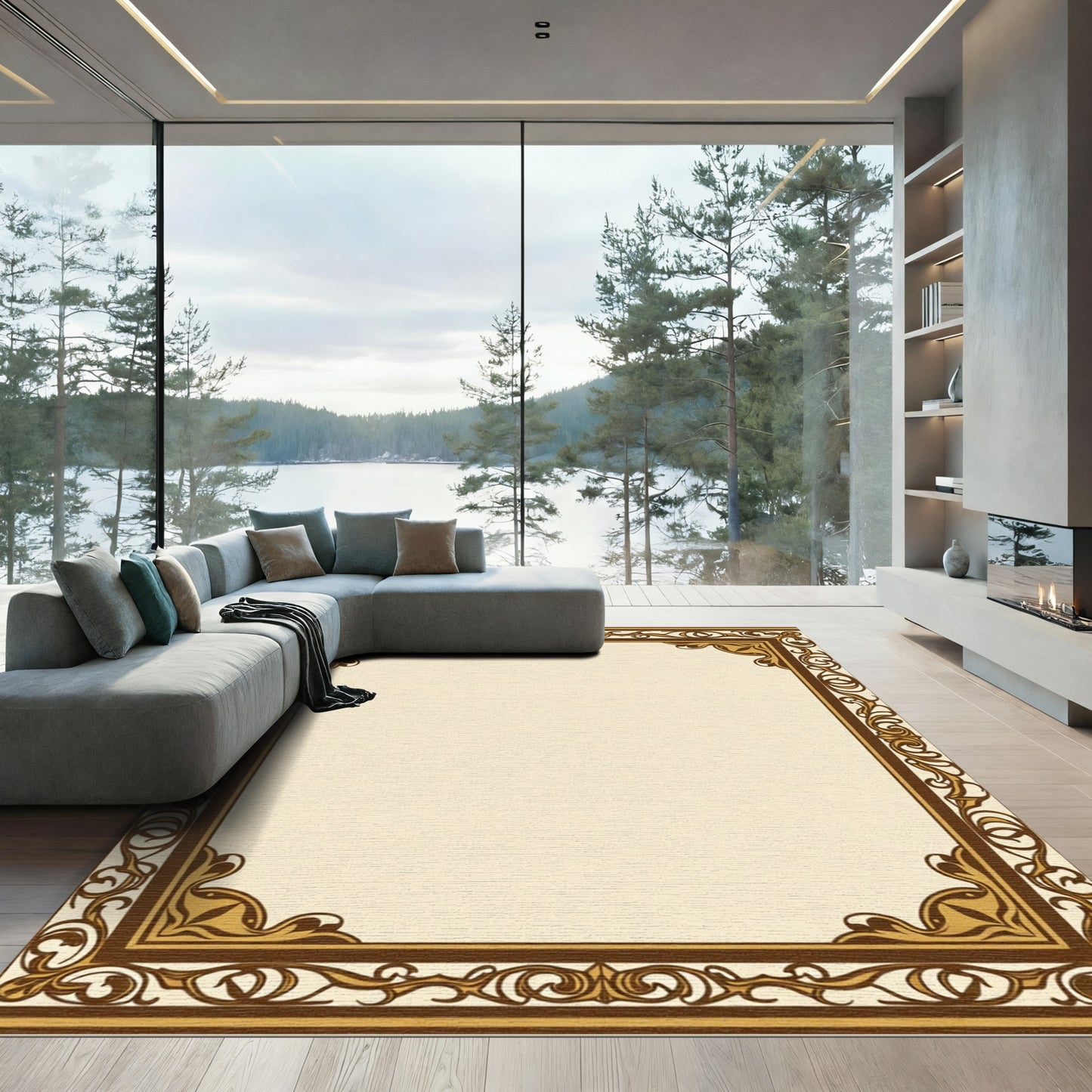 Ornate Brown and Gold Scroll Frame Rug