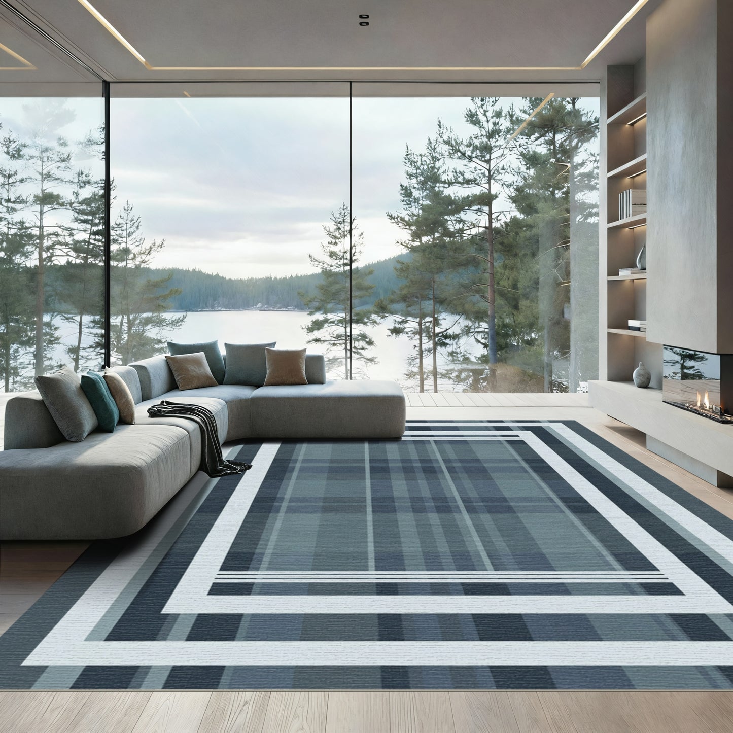 Classic Blue Plaid Rectangle Layered Rug