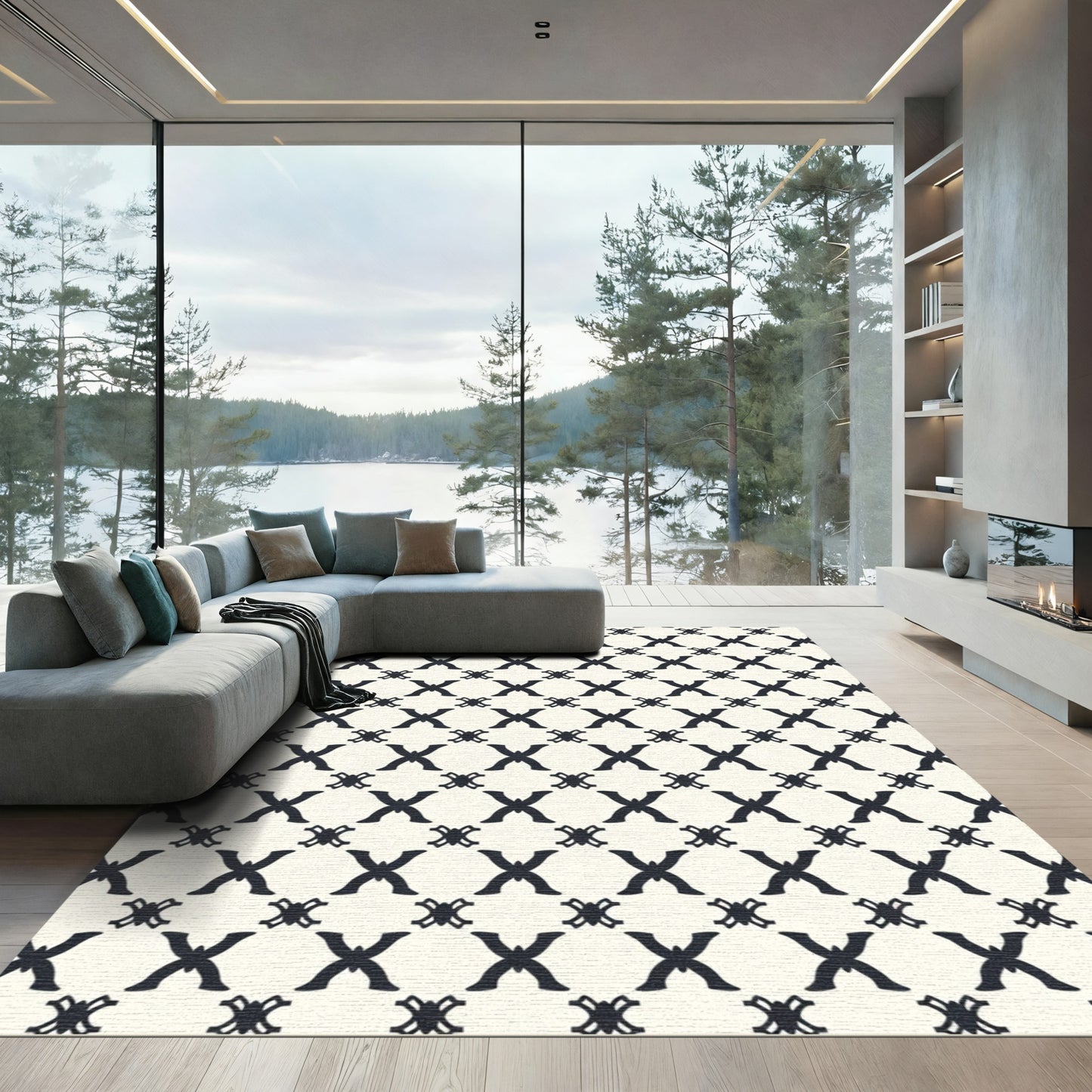 Cream Black Lattice Trellis Rug
