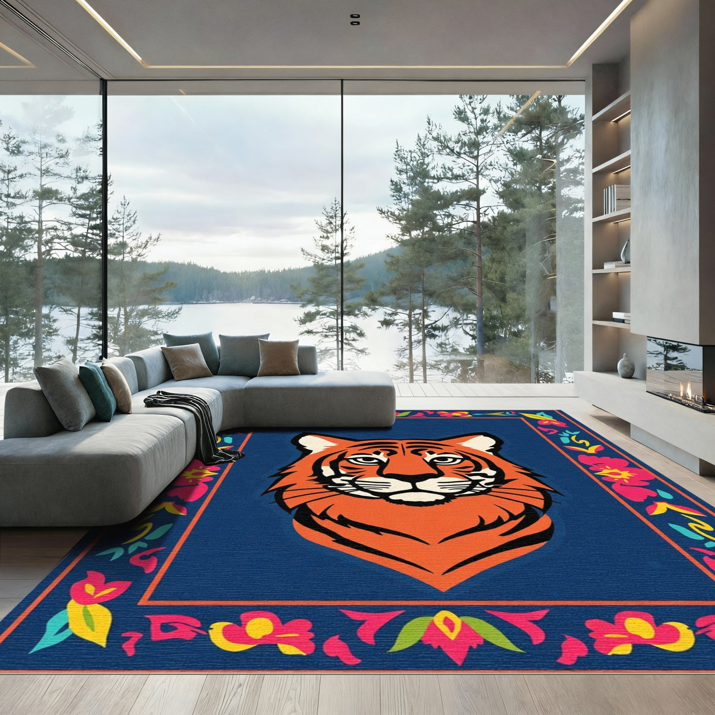 Bold Orange Tiger Floral Border Rug