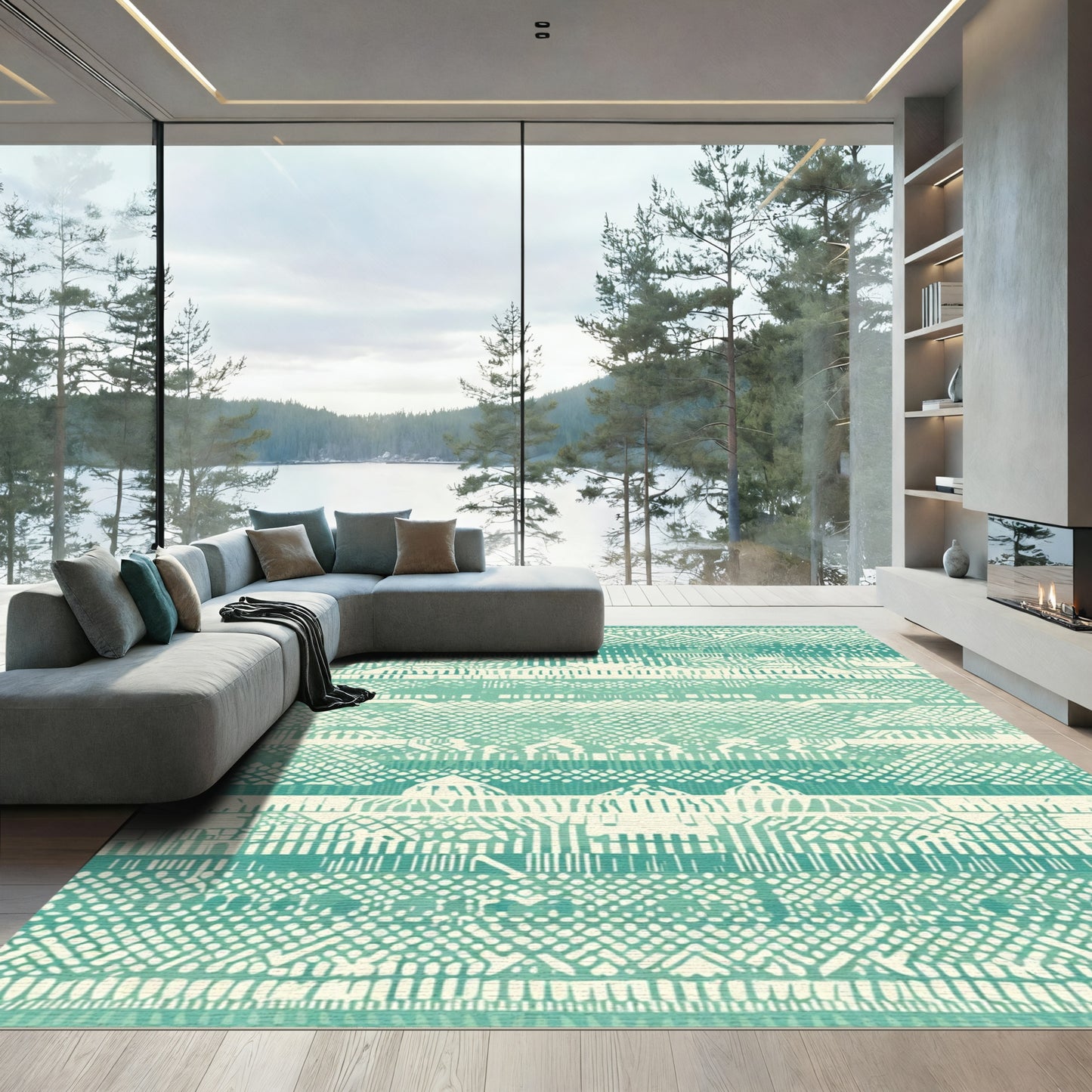Teal cream eclectic geometric stripes Rug