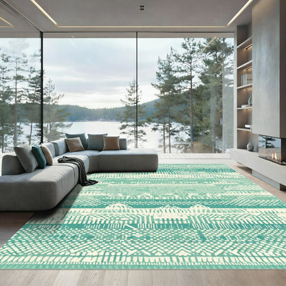 Teal cream eclectic geometric stripes Rug